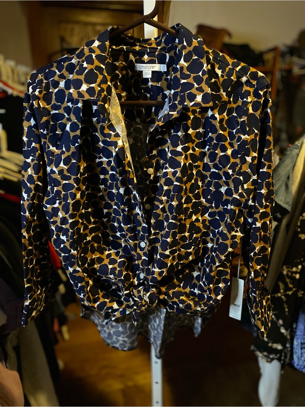 Chico's Navy and Mustard Spot-Print Button Front Shirt